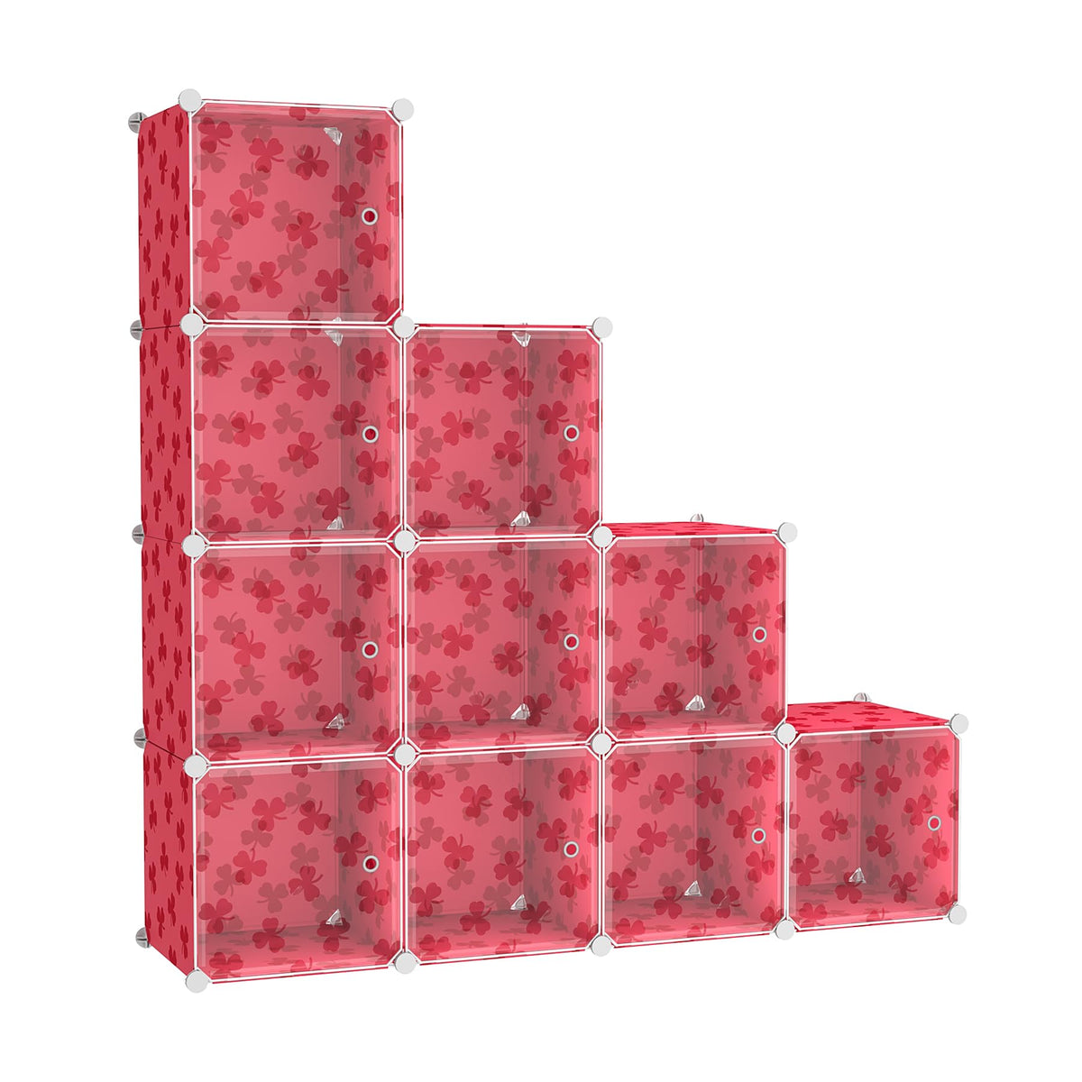 C&AHOME Cube Storage Organizer with Doors, 10-Cube Shelves, DIY Plastic Modular Bookshelf, Closet Clothes Storage Shelving Ideal for Bedroom, Living Room, Clover Embossed, Red