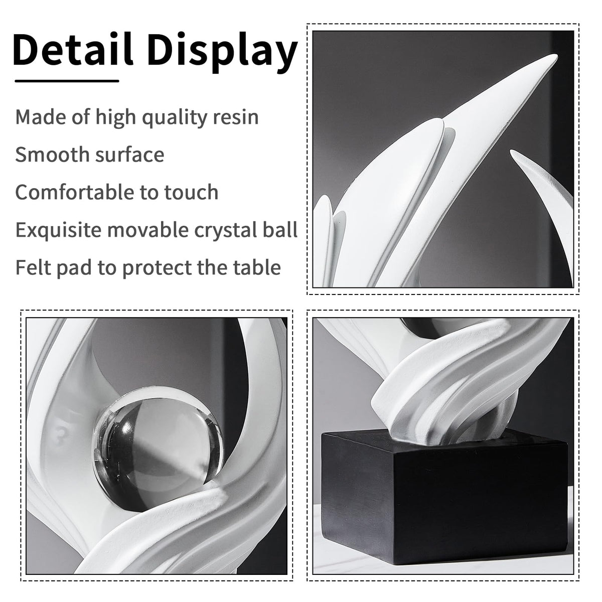 Modern Art Statue Decor, Abstract Swirl-Shaped Sculpture with Glass Ball Resin Art Figurines Centerpiece Sculptures for Home Decor Living Room Stand Coffee Table Office Bookshelf Decoration (white)