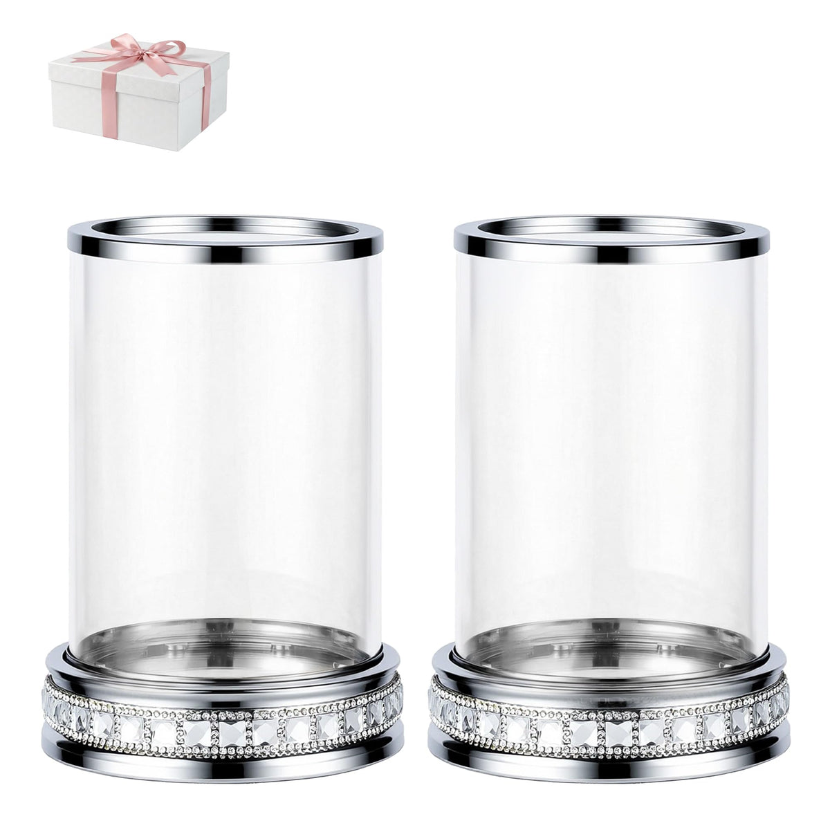 2pcs Hurricane Candle Holder, Pillar Candle Holders with Clear Glass Sleeve, Small Crystal Lantern for Fall Thanksgiving Christmas Holiday Dining Table Centerpiece (Silver)