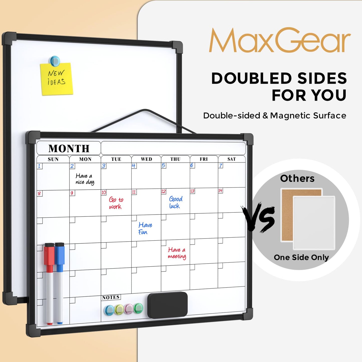 MaxGear Monthly Calendar Dry Erase Board for Wall, 16"x12" Small Hanging Double-Sided White Board, Portable Whiteboard for Planning, Drawing, Memo, to Do List, School, Home, Office, Black Frame