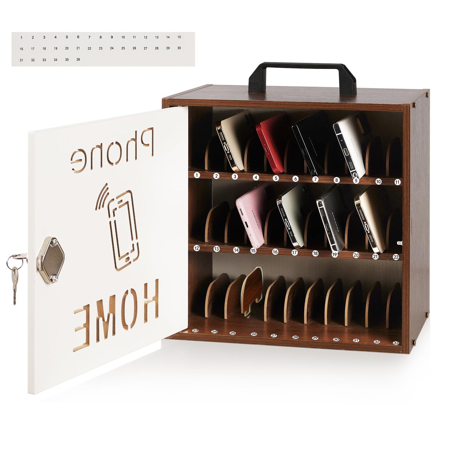 Echaprey Cell Phone Holder Classroom Adjustable 33 Slots Pocket Chart Wooden Cell Phone Storage Cabinet with Handle and Lock Desktop Cell Phone Holder for Classroom Office (Black Walnut)