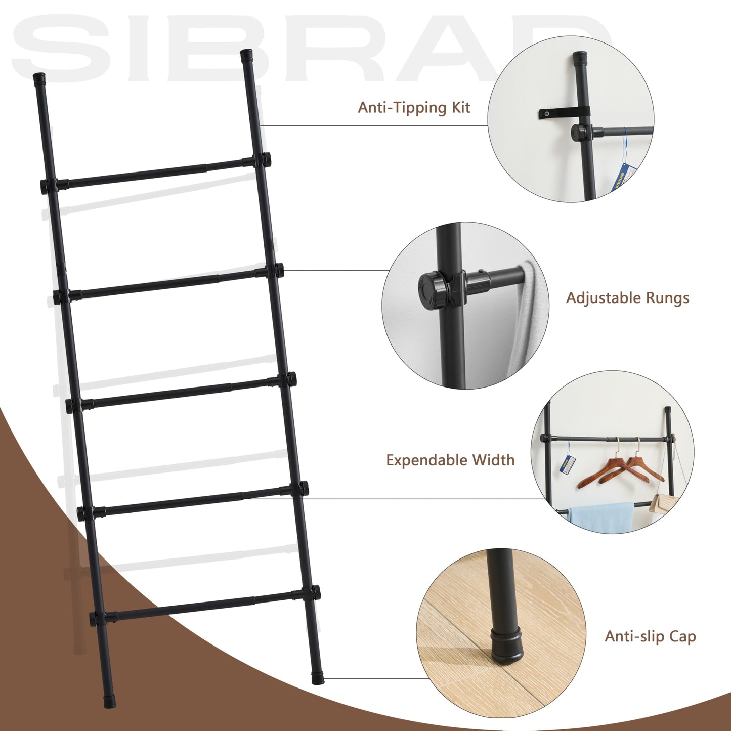 Blanket Ladder Black Expandable Width (17.3-32.3 inch) 5.4 Ft Tall 5 Rungs Metal Quilt Holder Rack Wall Leaning Strong Load Capacity, Modern Farmhouse Decor Easy Assembly for Living Room,Bedroom