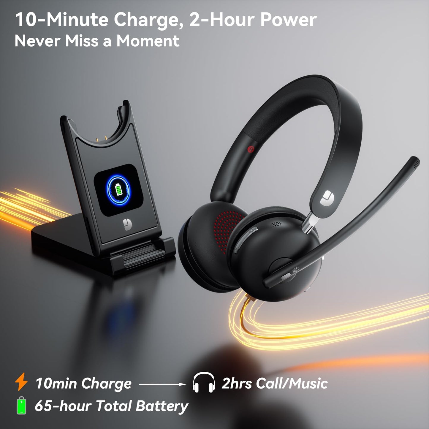 Dytole Wireless Headset with Mic for Work-Bluetooth 5.3 Headset with Noise Cancelling, Wireless Headsets with 65Hrs Battery & 10Min Fast Charge, Smart Dock with Digital Display for PC/Computer/Teams