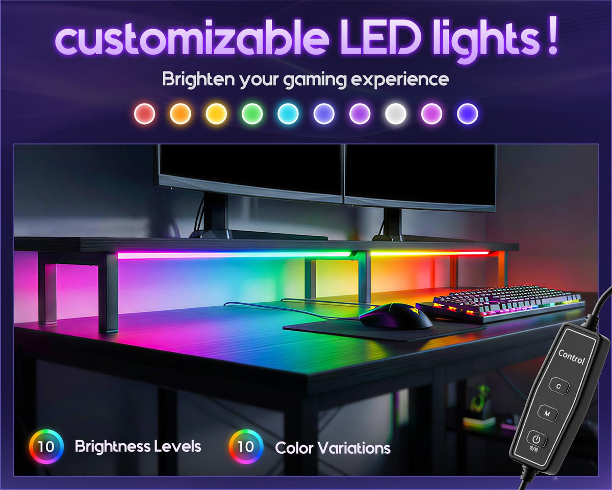 ODK 48 inch Gaming Desk with LED Lights, Computer Desk with Monitor Stand & Storage Shelves, CPU Stand, Home Office Desk, Black