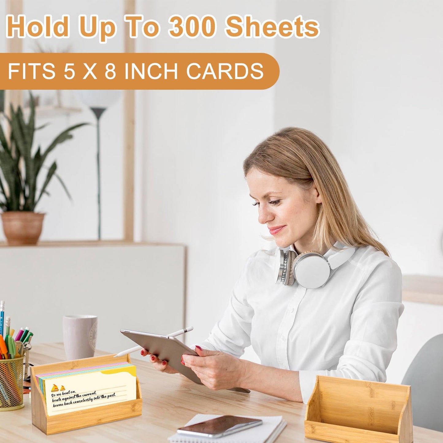5x8 Inch Index Card Stand Wooden Index Cards Holder Notecard Box Postcard Display Stand Flash Cards Organizer Business Card Display Rack for Desk Office Supplies Capacity 300 Sheets