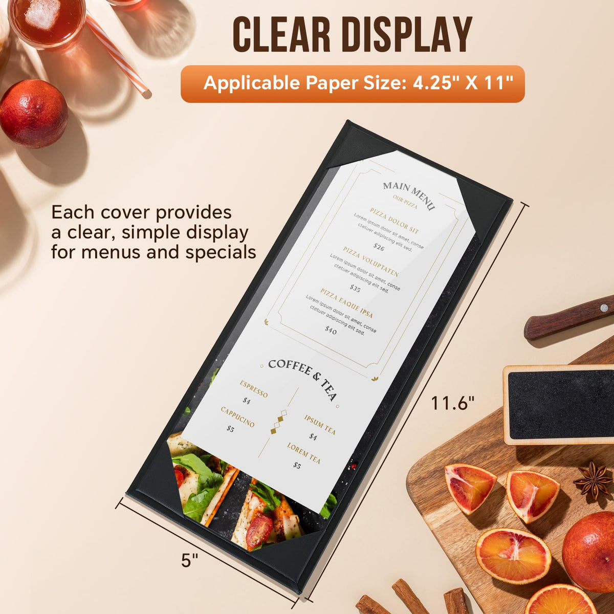 MYFULLY Restaurant Menu Holders 4.25" x 11", 6 Pack Black PU Leather Single Panel Menu Covers with Angled Corners for Restaurant, Bar, Coffee Shop, Wine List (1 View)