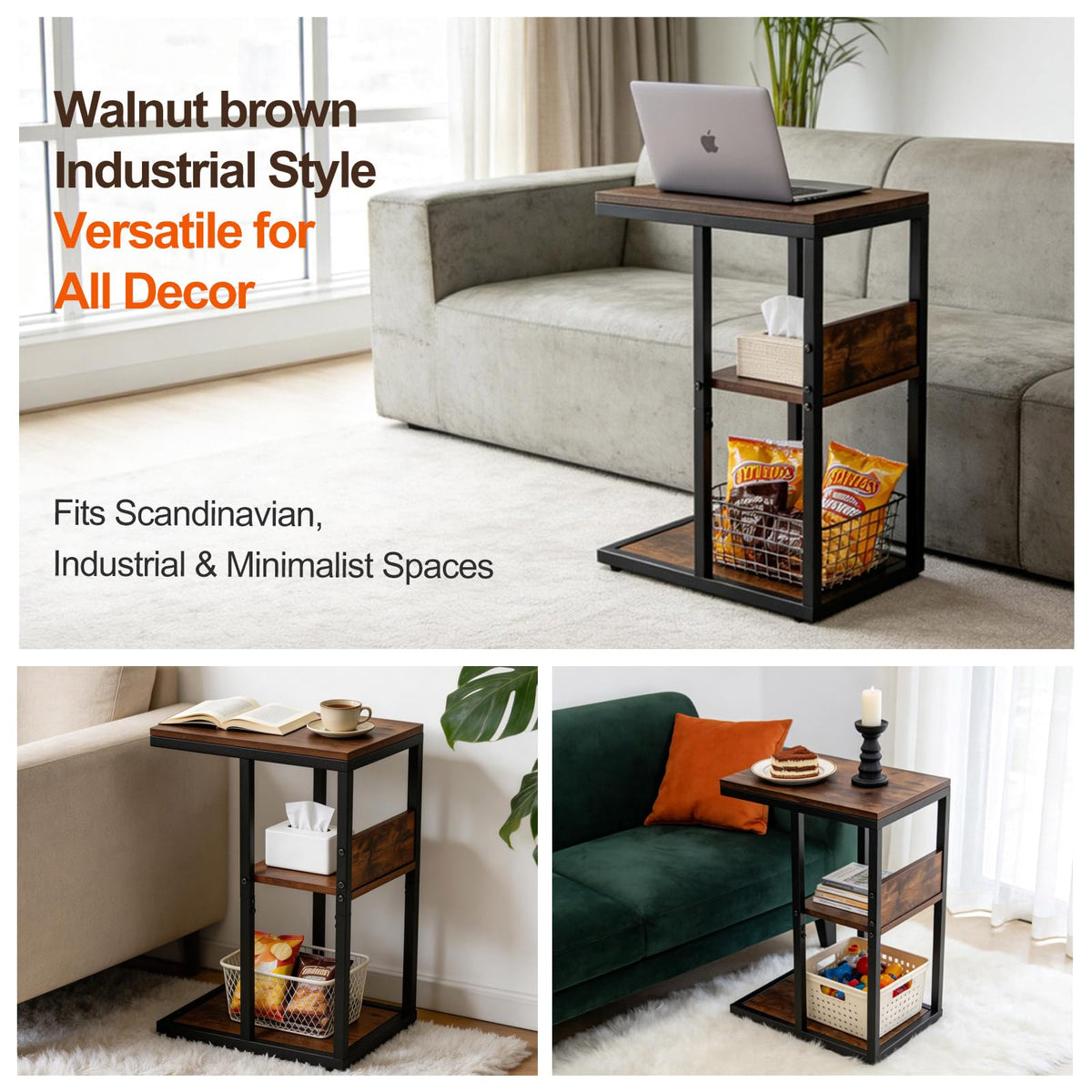 King Oasis 3-Tier Brown Metal Side Table - Industrial End Table & Nightstand with Adjustable Feet, 80LB Sturdy Small Bedside Table Storage Shelf for Living Room, Bedroom, and Small Spaces