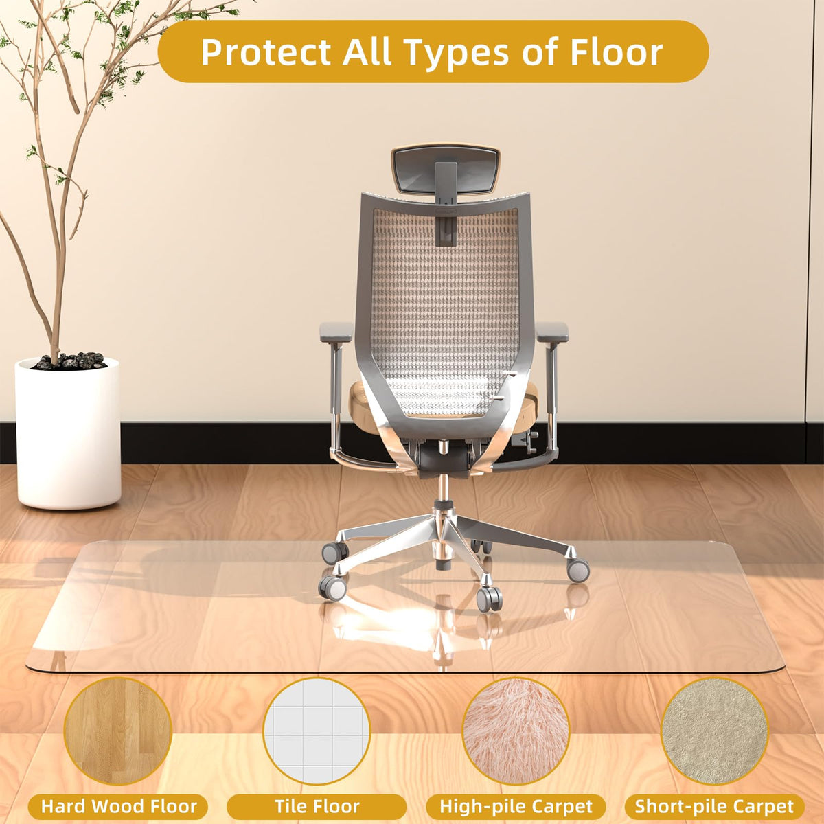 Tcyzest Tempered Glass Chair Mat 48" x 32",1/5" Thick for Office Desk,Rolling Chair Mat for Carpet, Odorless, Easy to Clean with 4 Non-Slip Pads for Carpet & Hardwood Floors