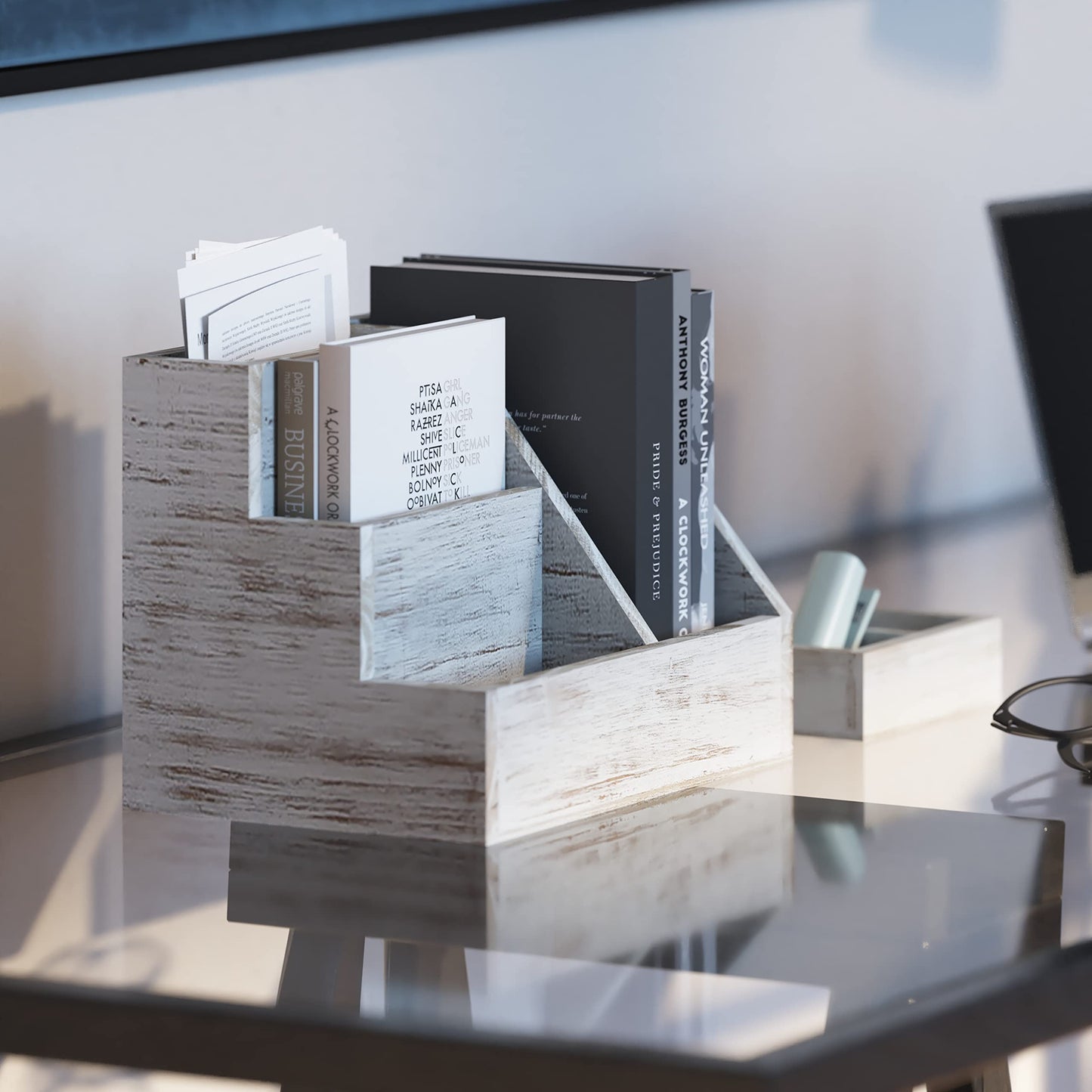 HBCY Creations Rustic Wooden Desk Organizer Set, 3-Piece Whitewashed Mail Organizer for Desktop - Great for Rustic or Industrial Home Decor