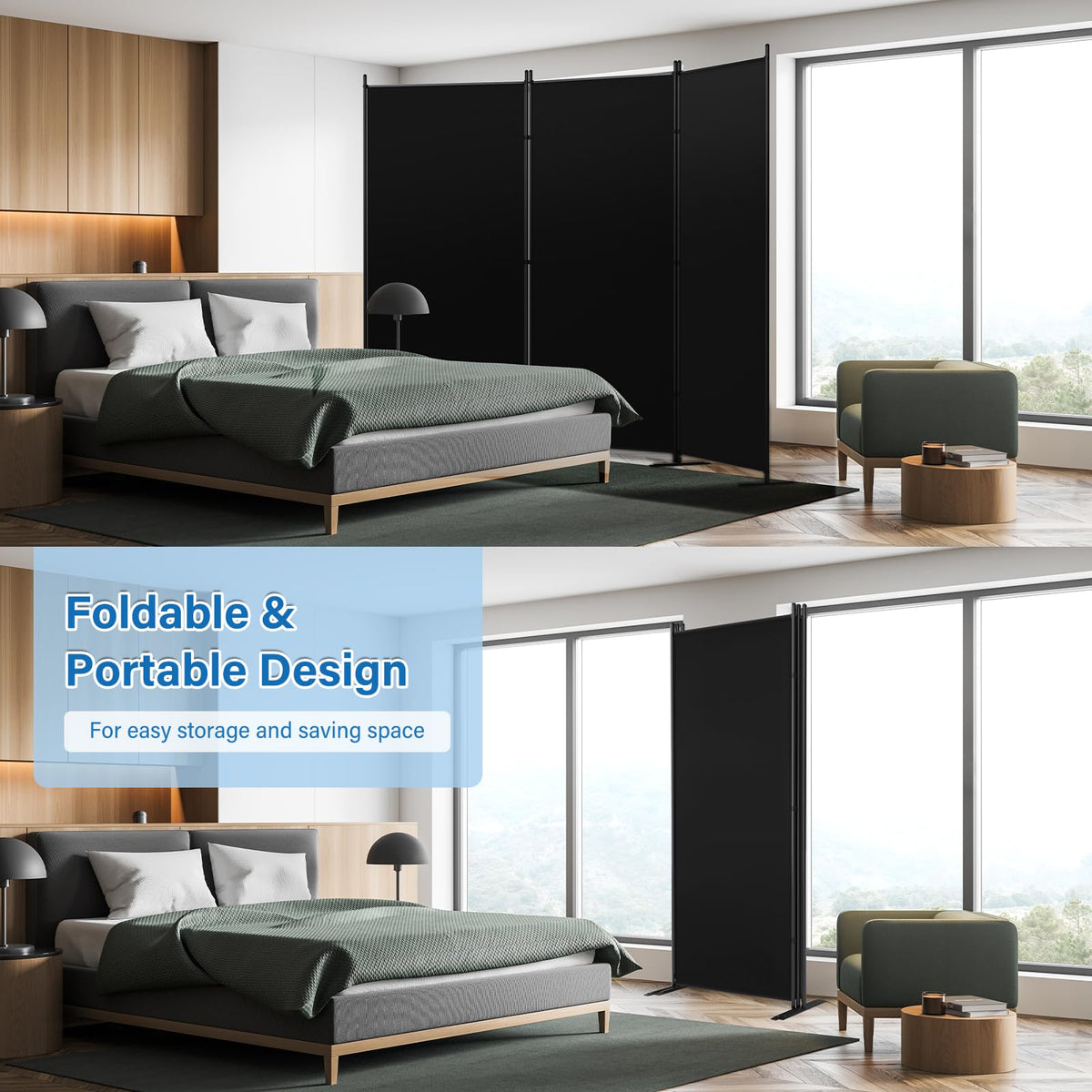 AKTOP Room Divider 3 Panel, Folding Fabric Wall Divider for Room Separation, Portable Room Partitions and Dividers 103"W x 70''H, Freestanding Privacy Screen for Office, Dorm, Studio, Classroom, Black