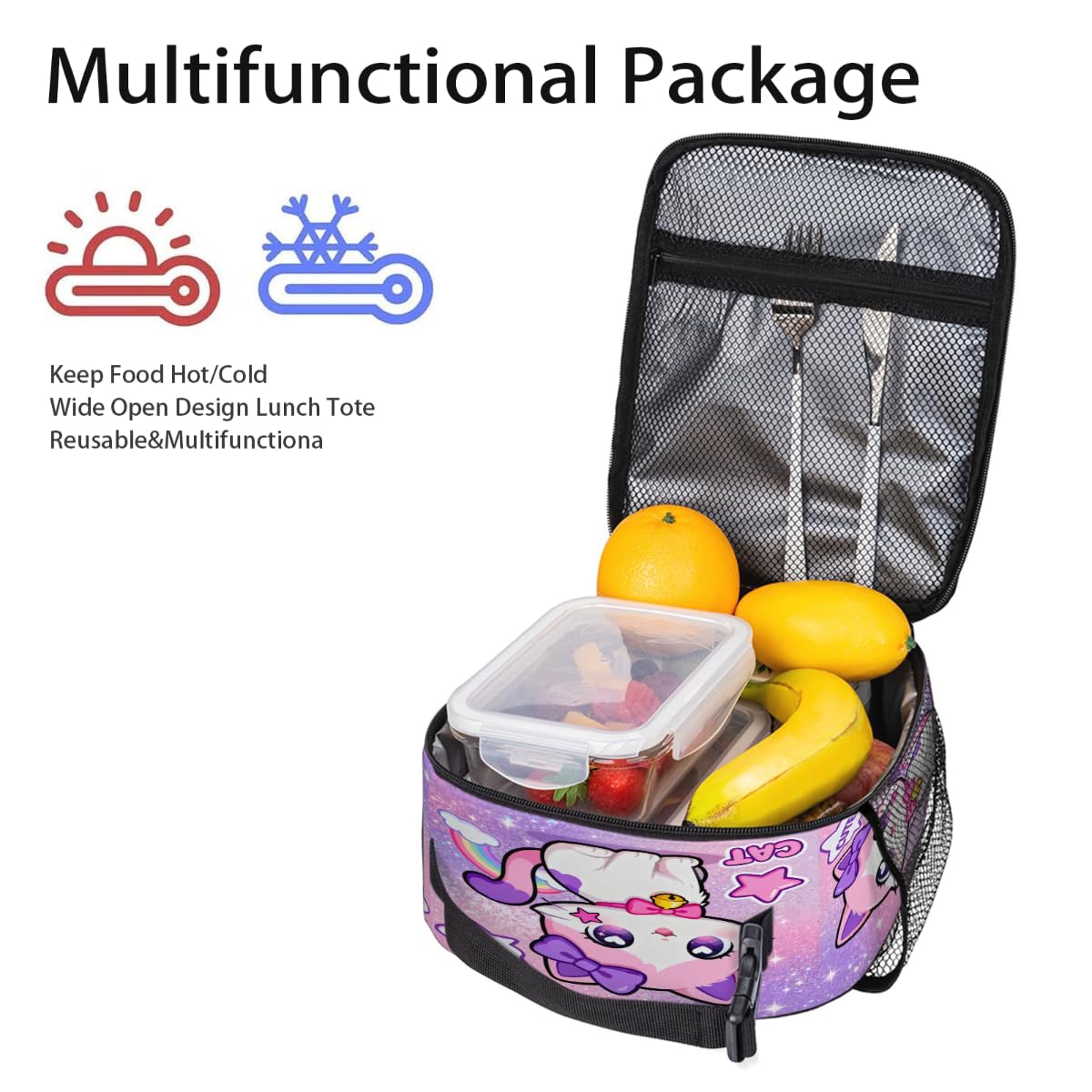AUUXVA Cute Kids Insulated Lunch Bag - Girls Lunch Boxes for School Waterproof Lunchbox with Water Bottle Holder, Reusable Portable Lunch Tote for Office Beach Picnic(Cat)