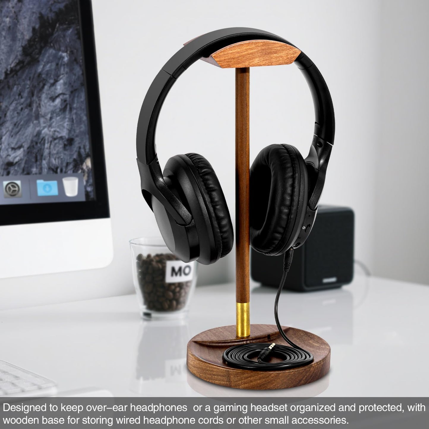 Plehood Headphone Stand for Desk, Solid Wood Gaming Headset Stand, Universal Wooden Headphone Stand Hanger, Wooden Headphone Holder with Storage Base for Airpod max and More