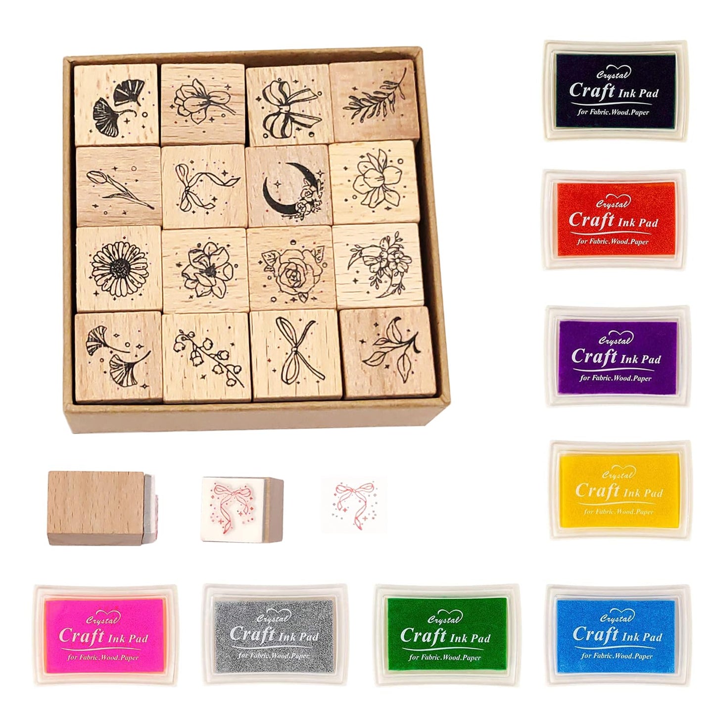 HRJZF of 24 Pcs Rubber Stamp and Craft Ink Set 16 Pcs Wooden Rubber Stamps 8 Pcs Ink Pad for Craft DIY Card and Scrapbooking