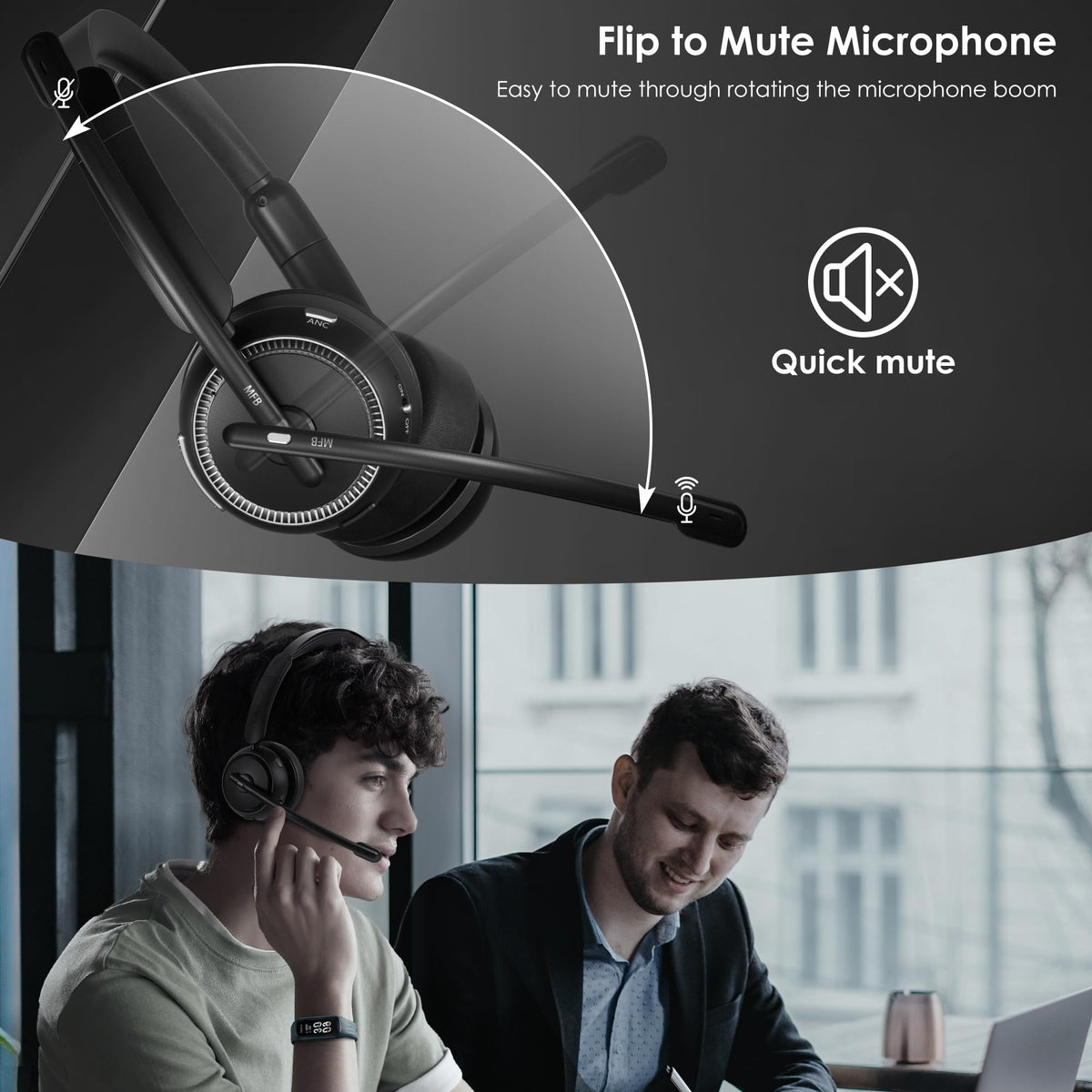 Upgrade ANC & ENC Headset with Microphone for PC, Wireless Headset with Mic for Work(Flip-to-Mute & USB Dongle), Bluetooth 5.4 Noise Cancelling Headphones with Mic for Call Center/Home/Computer/Phones