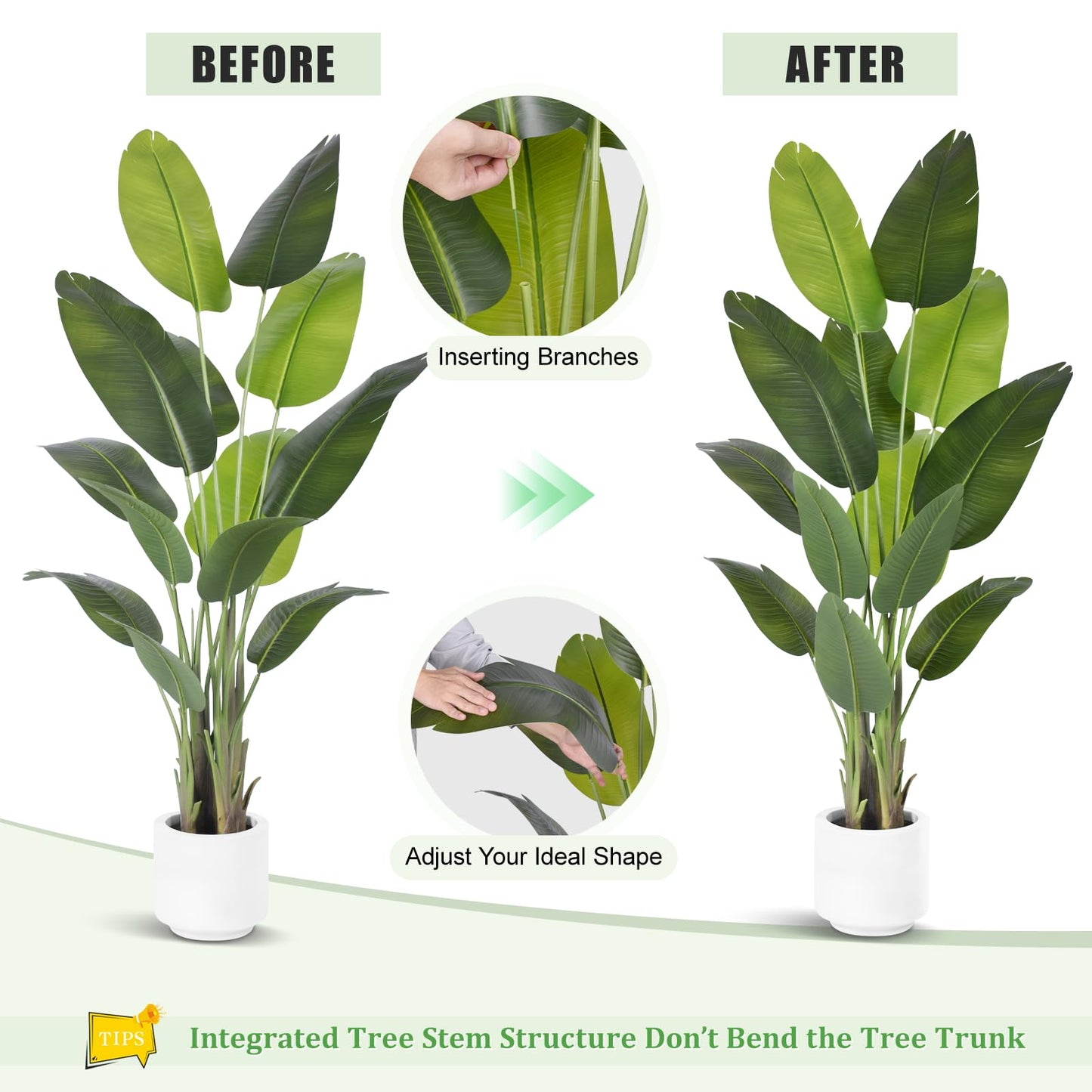 Artificial Bird of Paradise Plant 6Ft Tall Fake Tropical Palm Tree Large Fake Plants with 13 Silk Banana Leaves Faux Plant Indoor Decor Trees with White Pot for Home Bedroom Living Room Office（2pcs）