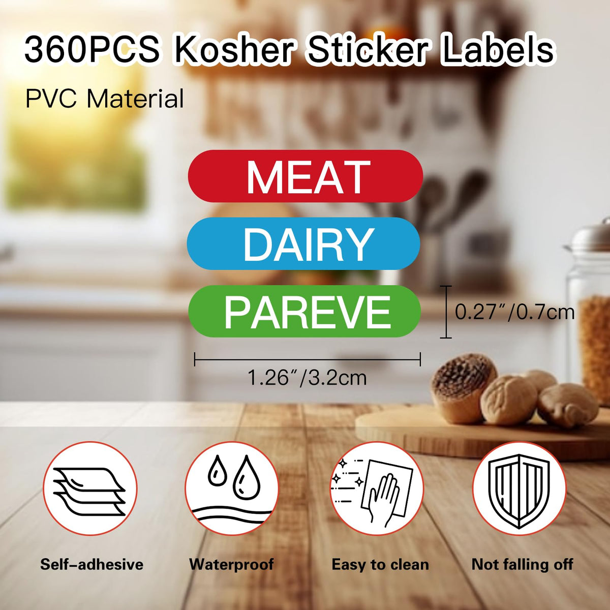 360PCS Kosher Labels for Kitchen, Color Coded Meat Dairy Pareve Stickers, PVC Material,1.25 x 0.27 Inch, Waterproof & Dishwasher Safe,Freezable and Microwavable