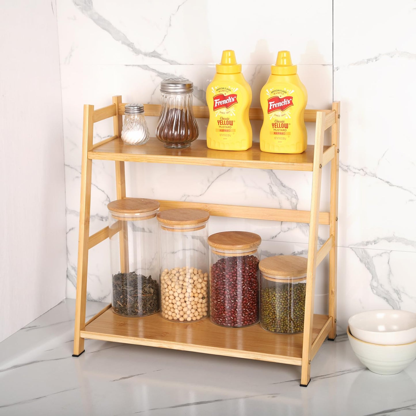 Fengzhizhu 2-Tier Ladder Desktop Bookshelf, 15.75" Wide Wooden Countertop Storage Hutch for Office, Dorm and Home, Desk Organizer for Books and Decor