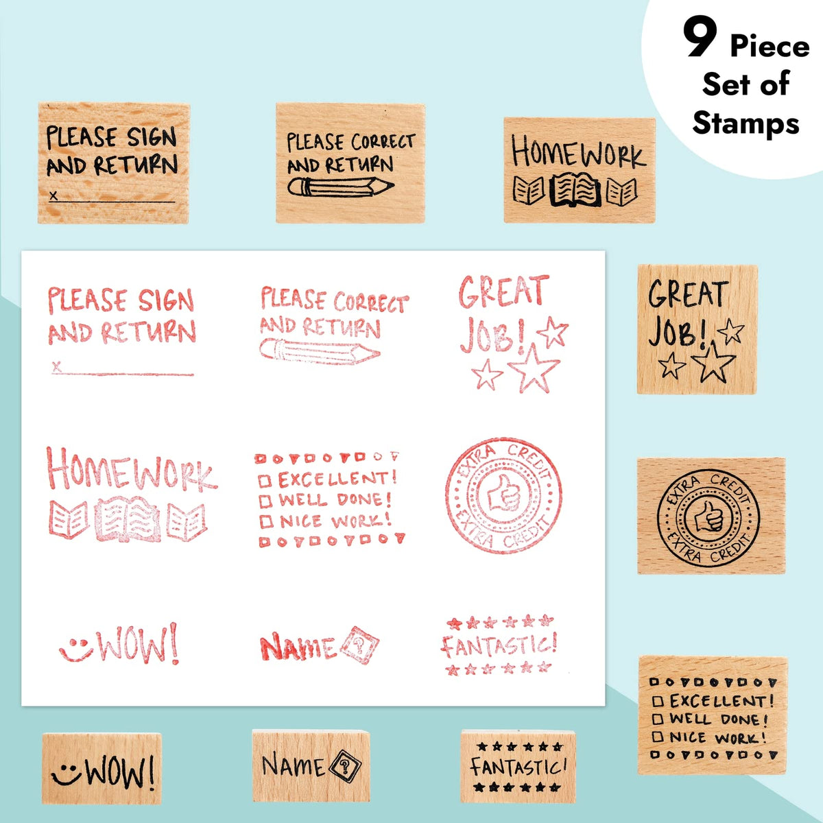 Blue Panda 9 Piece Set of Wooden Rubber Teacher Stamps - Classroom Supplies for Grading Homework and Teacher Supplies (Assorted Sizes Rubber Stamps)