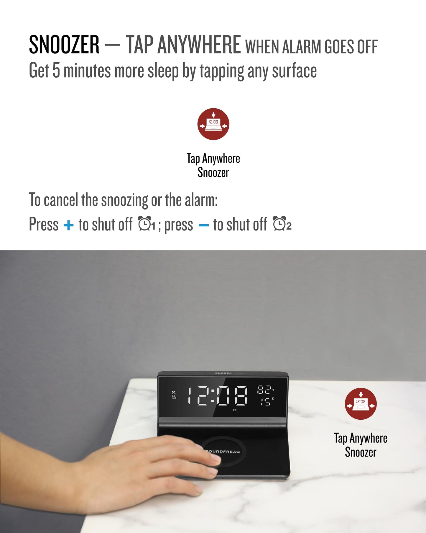 Soundfreaq Charge Rise II, SFQ-20: Digital Alarm Clock, with Dual Alarms, Fast USB Charger and Wireless Charger (Black)