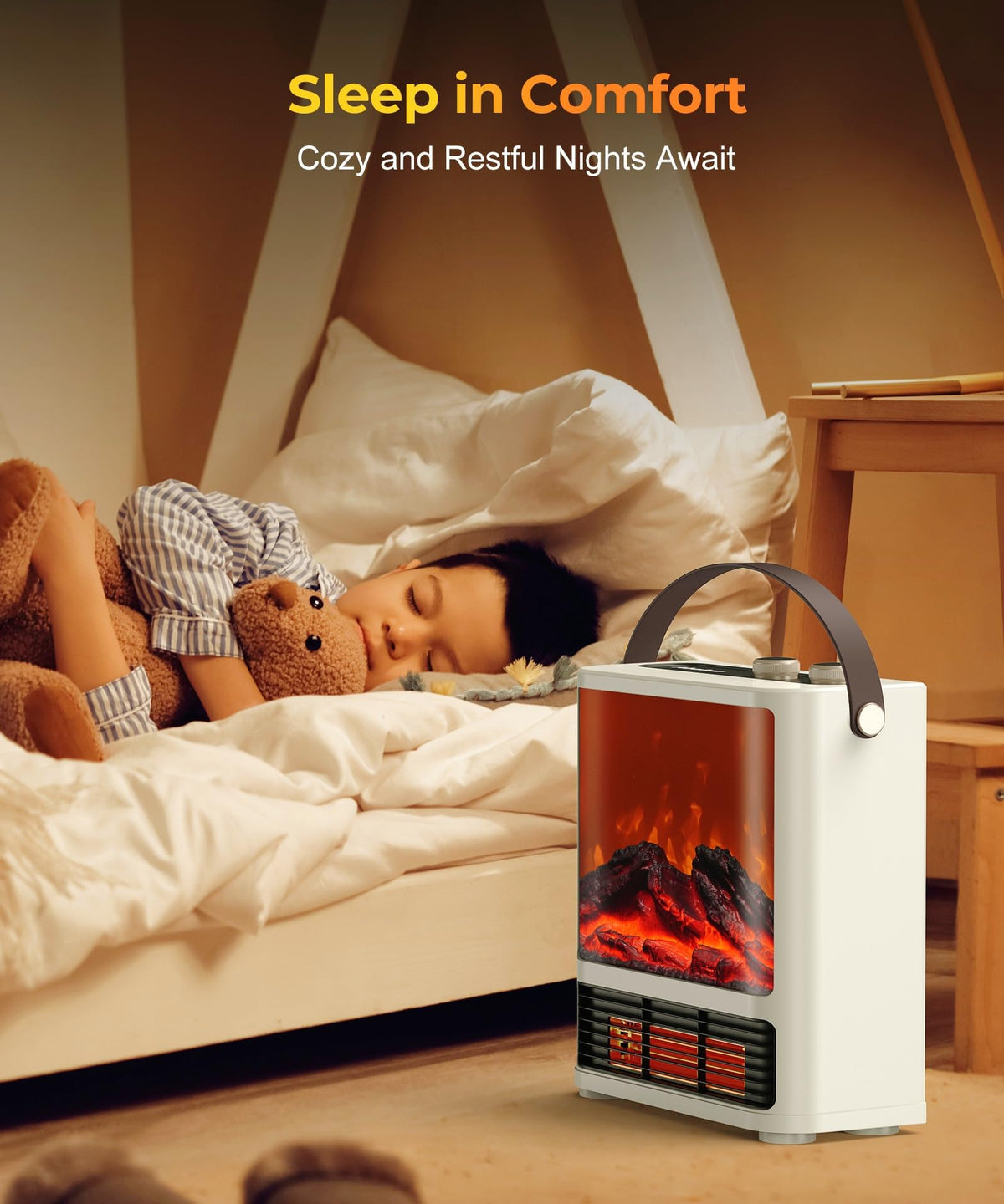 Fireplace Space Heater for Indoor Use, 1500W Freestanding Electric Heater with Realistic 3D LED Flame, 3 Modes, Overheating & Tip-Over Protection, Small Portable Heater for Bedroom Room Office, White