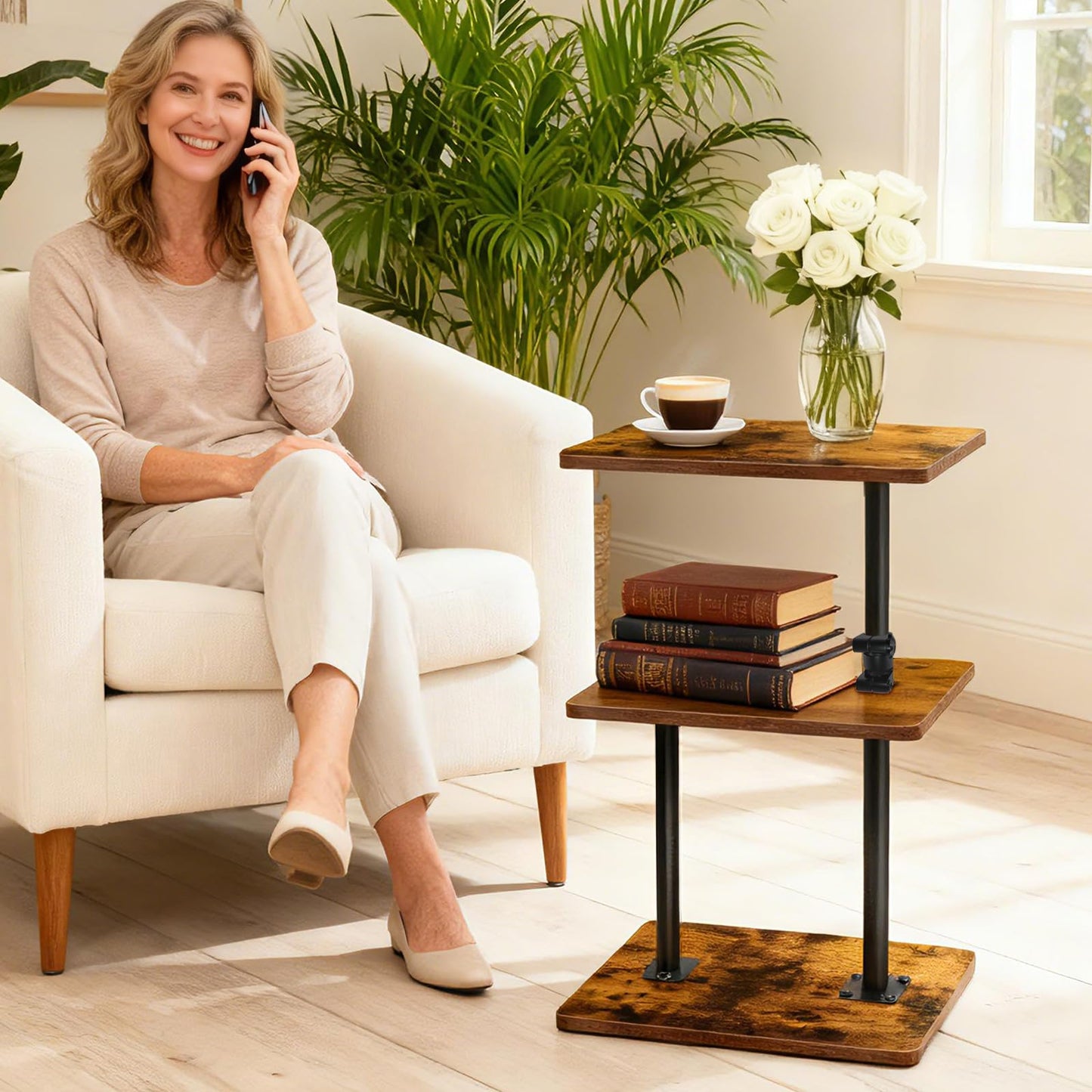 LAIDUOLEOE Swivel Side Table for Couch, 3 Tier Small End Table Adjustable Height with Rotatable Tray, Space Saving Nightstand with Storage Shelf for Living Room, Bedroom, Small Spaces