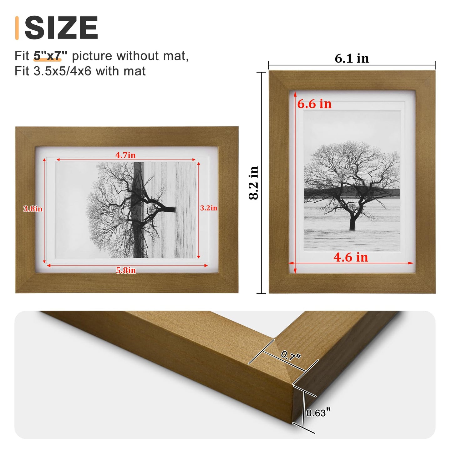 Egofine 5x7 Picture Frames 4 Pack Made of Solid Wood Covered by Plexiglass Matted for 4x6 or 3.5x5 for Table Top Display and Wall Mounting Photo Frame, Light Brown