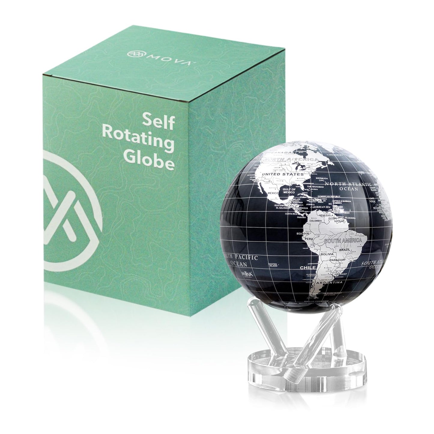 MOVA Globe - Jet Black and Silver Signature (6") | Solar-Powered Rotating Desk Globe with Minimalist Map Design | No Batteries or Cords | Modern Decor Gift