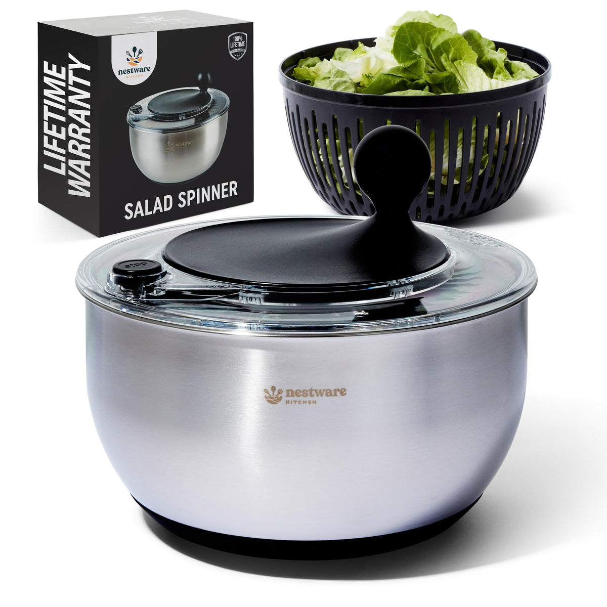 Nestware Kitchen Stainless Steel Salad Spinner, Lettuce, Vegetable & Fruit Dryer, 5L Capacity, Non-Slip Base (304 Stainless Steel - Black)