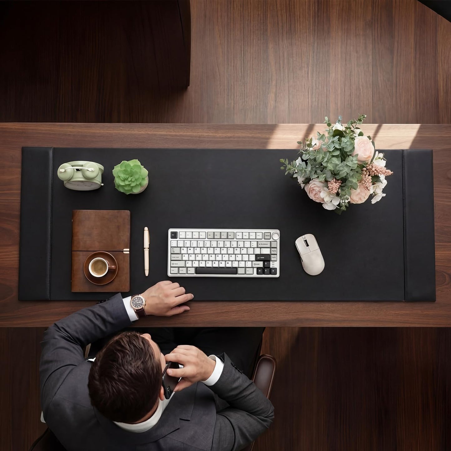Saysurey 47.2 x 17 Inch Leather Desk Pad Protector with Side Rails, Executive Office Desk Mat for Home Workspace, Writing Surface, Mouse & Keyboard Pad, Elegant Gift for Men Dad Husband(Black)
