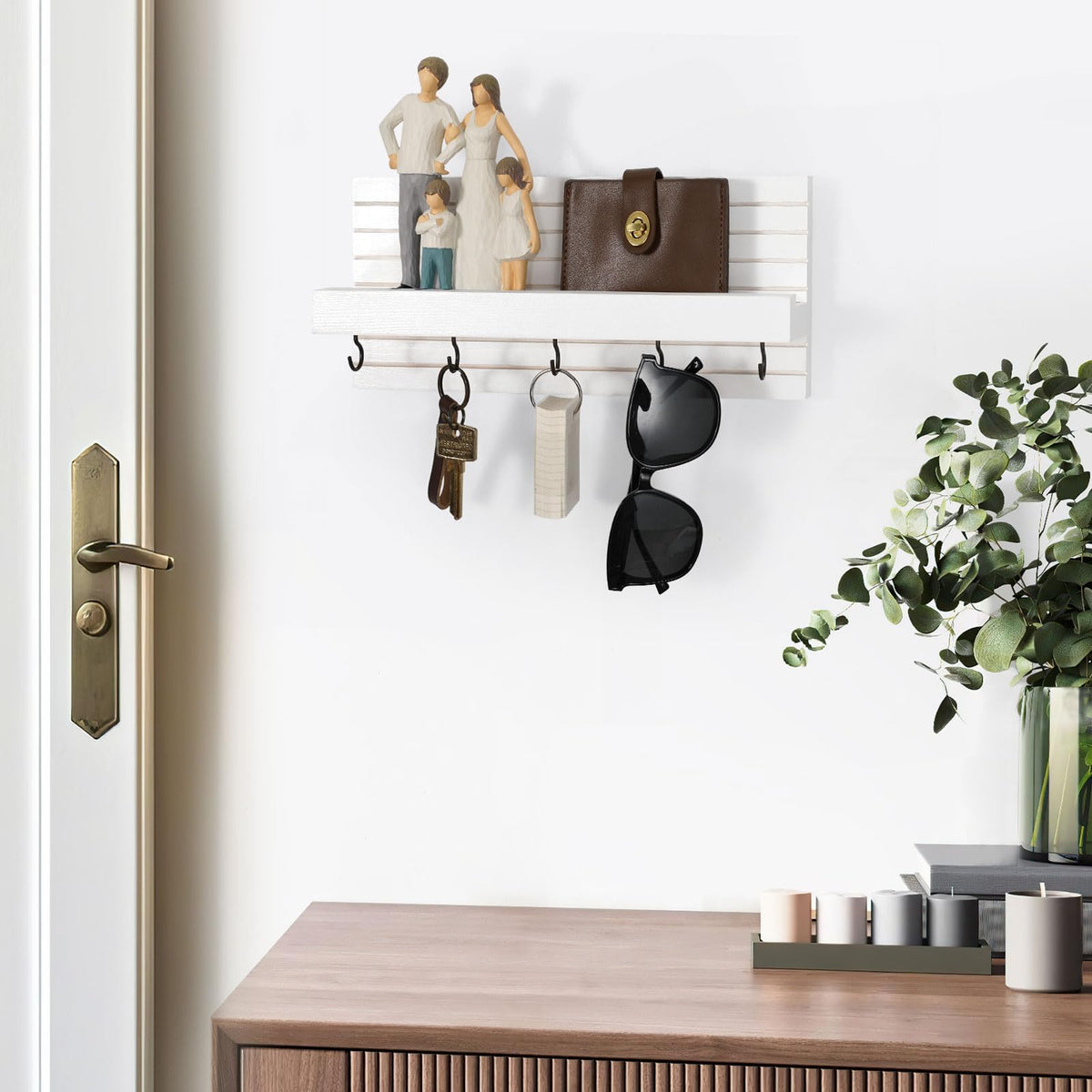 Lwenki Decorative Key Holder for Wall with Shelf, Entryway Shelf with Hooks Holds Leashes, Jackets and Glasses – Sturdy Wood Keyholder Entrance Hanger with Mounting Hardware (White, Medium)