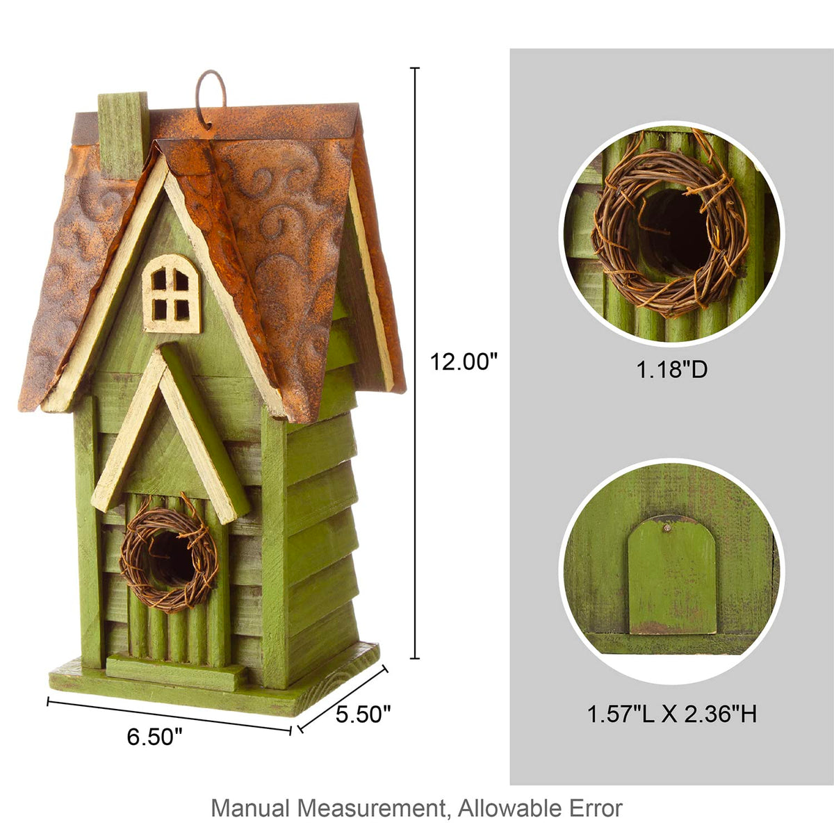 Glitzhome 12" H Green Hanging Distressed Solid Wood Garden Bird House Decorative Birdhouse