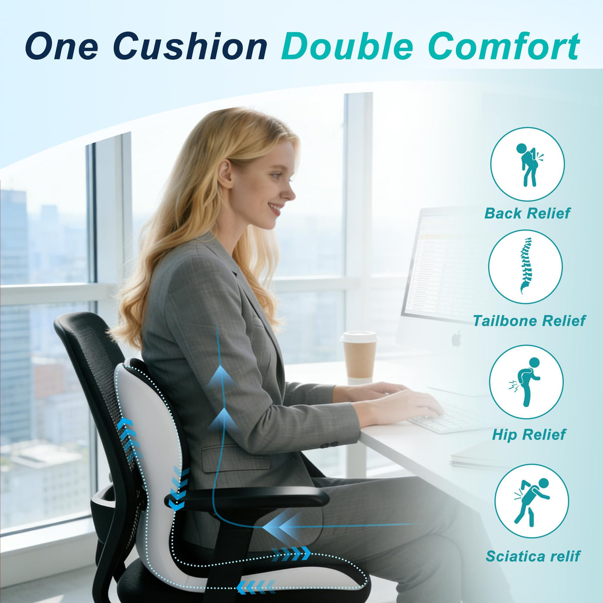 BANKQF Seat Cushion for Office Chair and Car, Lumbar Support Pillow for Office Chair, Memory Foam Ergonomic Seat Cushion for Long Sitting, Back & Tailbone Pain, Sciatica - Dark Gray & Light Gray