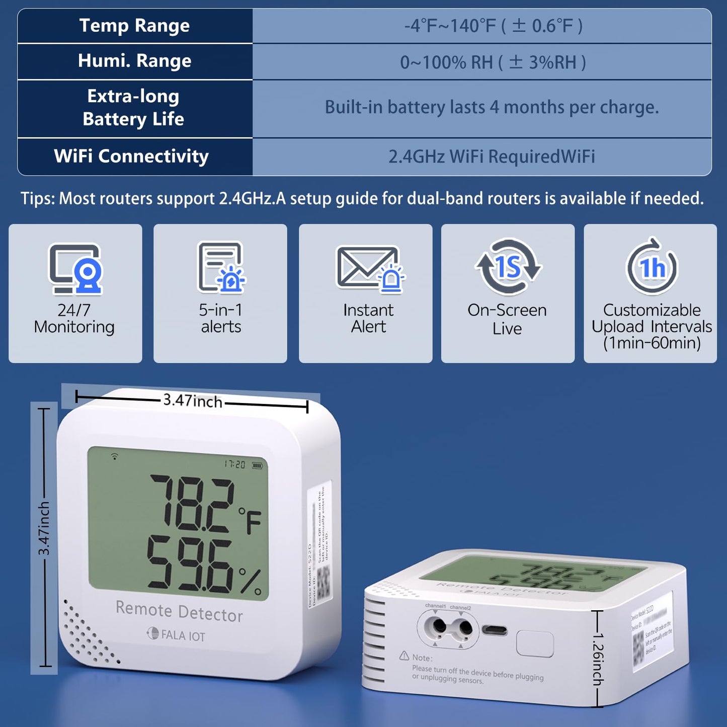 Remote WiFi Temperature & Humidity Sensor, No Subscription 24/7 Remote Temp Monitor with Email, Text Alerts, Sound & Light Alarm, Idea for RV, Pet, Greenhouse, Farm, Freezer, Server Room