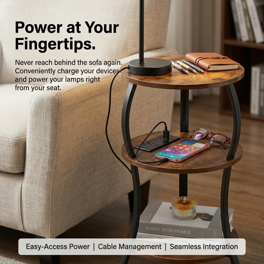 Small Round Side Table with Charging Station, 3-Tier Waist Circular End Table with Storage Shelf, Compact Tea Sofa Side Table Small Spaces, Round Corner Coffee Table for Living Room Bedroon,Brown