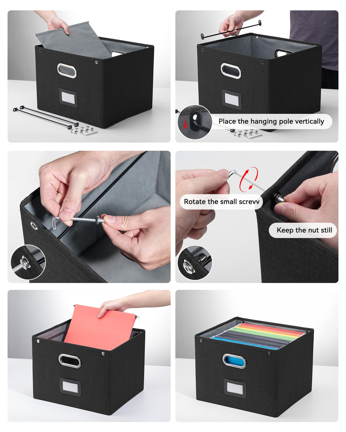 2 Pack File Organizer Box with Lid, Large Hanging Filing Box with Mesh Pocket, Document Organizer for Letter Files, Portable Storage Case for Office&Home (Black)