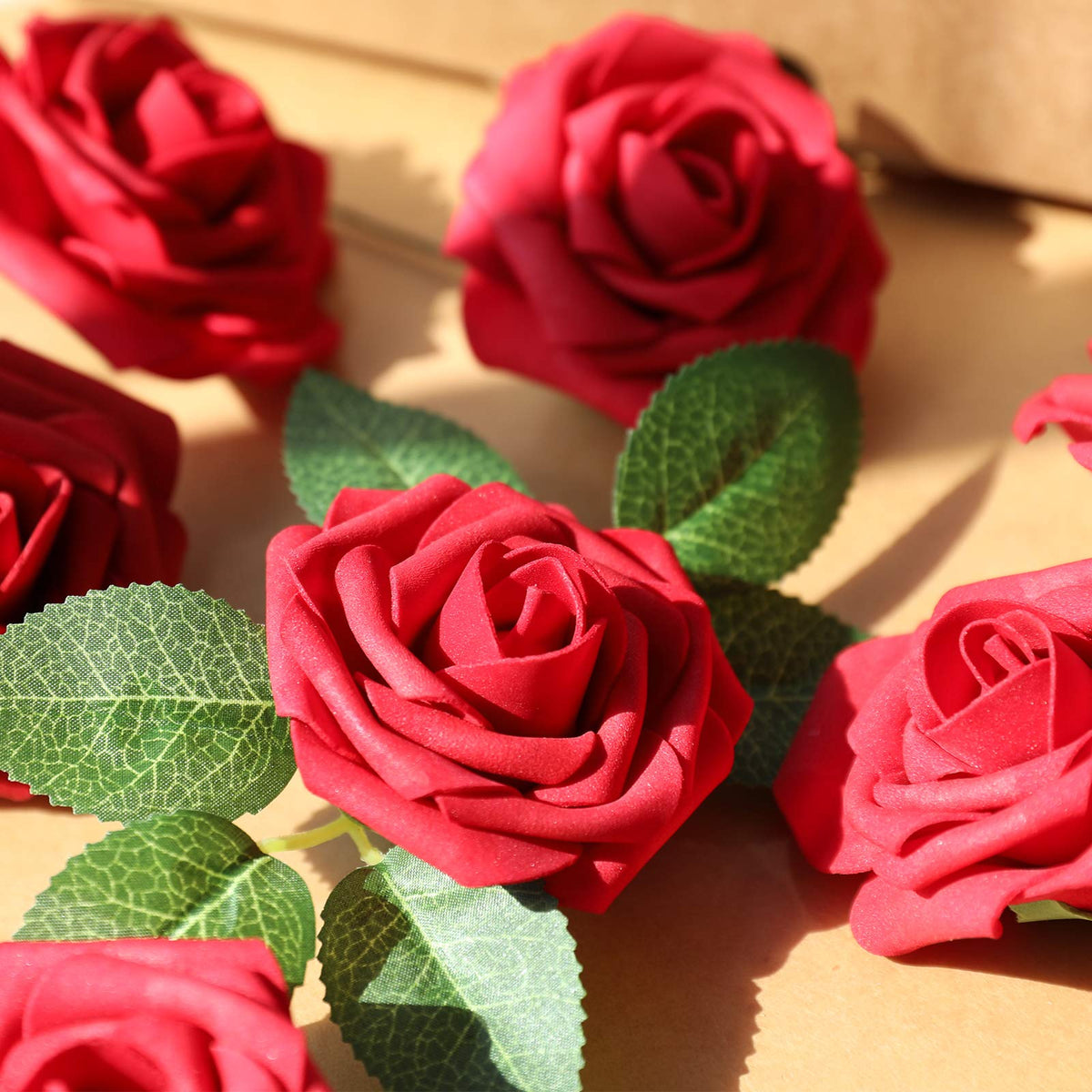 AmyHomie Artificial Flowers Dark Red Rose 50pcs Real Looking Fake Roses w/Stem for DIY Wedding Bouquets Centerpieces Arrangements Party Baby Shower Valentines Day Christmas Tree Decorations
