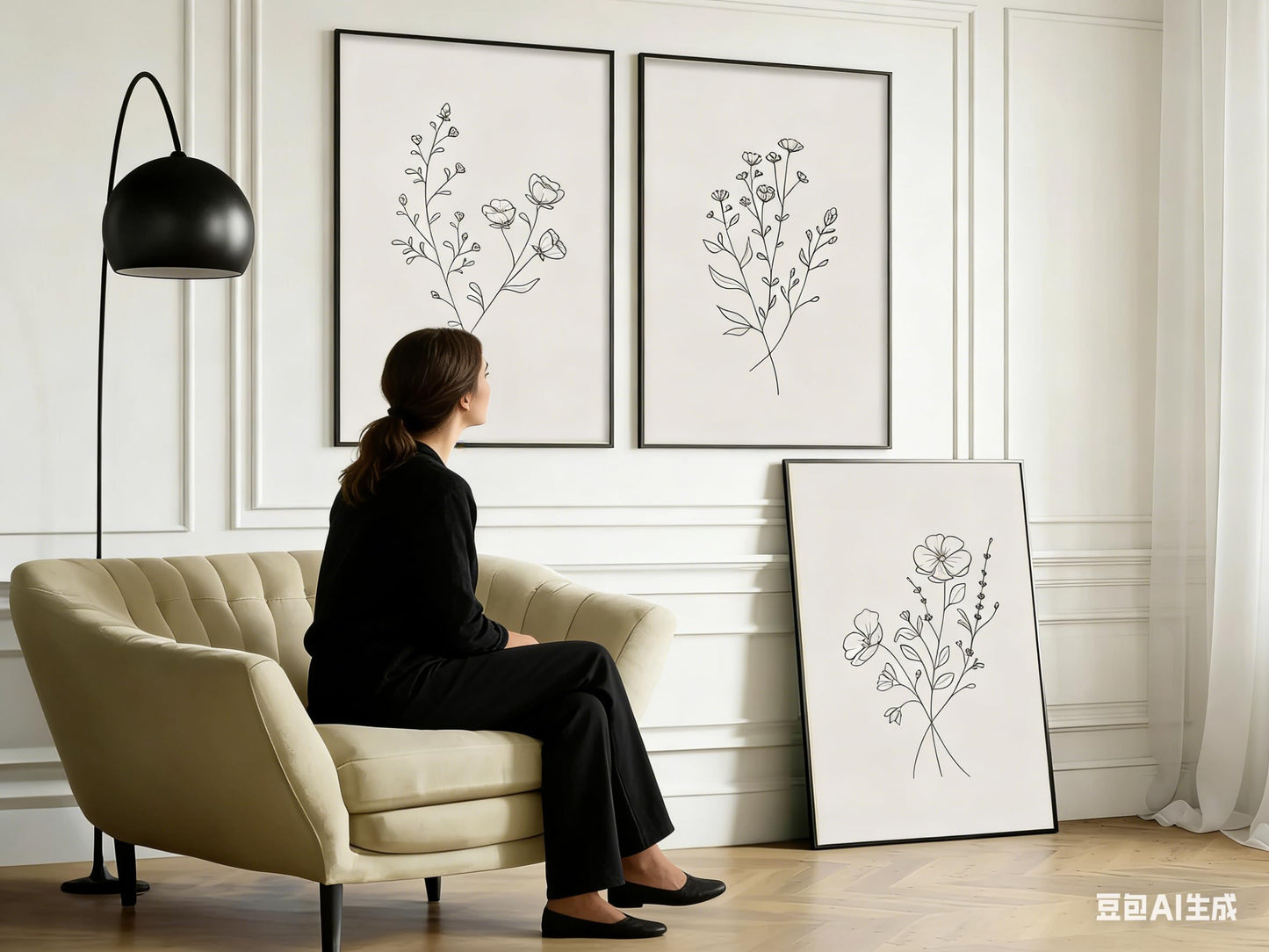 3Pcs Flower Line Canvas Wall Art Neutral Botanical Black and White Flower Painting Picture Wall Decor Minimalist Plant Poster Print Artwork for Living Room Bedroom Office Home Decoration Unframed