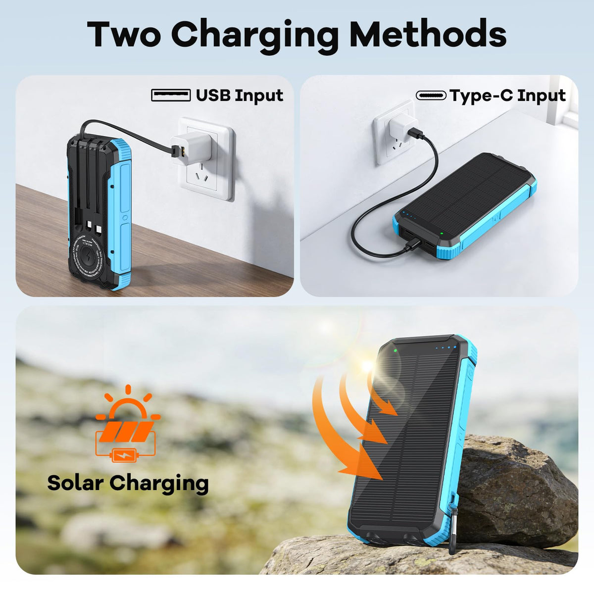 ERRBBIC Solar Charger Power Bank 20000mAh, Portable Wireless Charger, 15W Fast Charging External Battery Pack with Dual Flashlight and USB C Outputs, Outdoor Mobile Power Compatible with Cell Phones