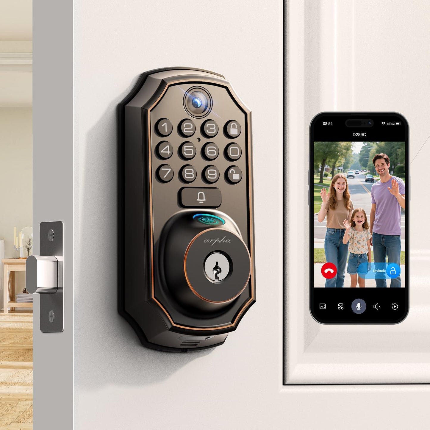 WiFi Video Smart Lock with Camera -Keyless Entry Deadbolt, 5-in-1 (Camera+Doorbell+Fingerprint+Keypad), App Control, Two-Way Audio, Waterproof, Easy Installation