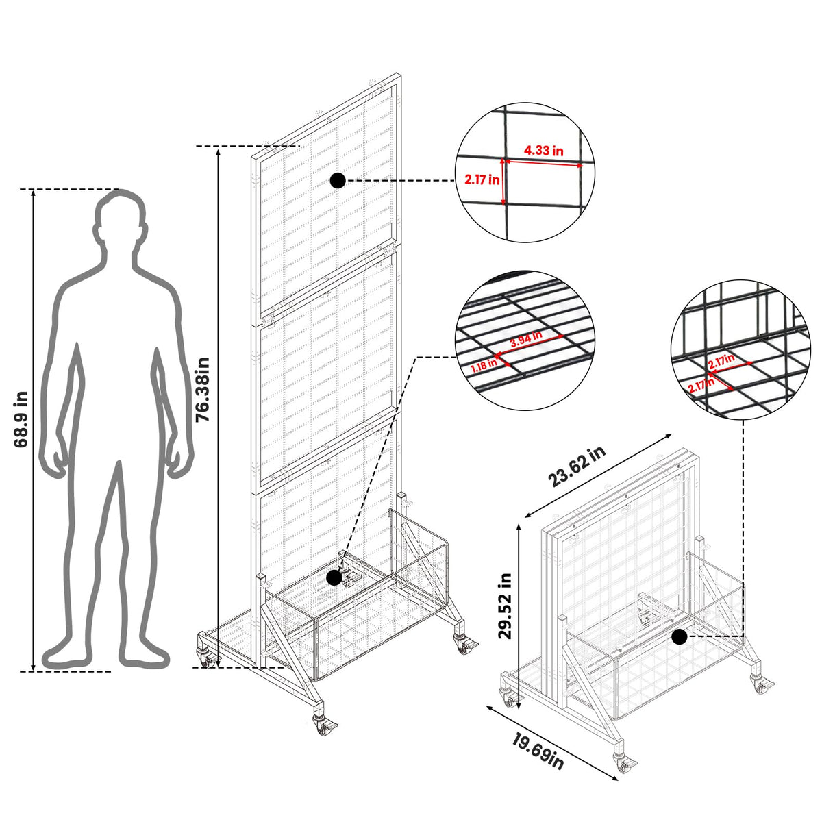 APshouhu Foldable Grid Wall Panels, Gridwall Panels with Folding Baskets, Tool-Free Assembly and Folding, for Storage and Retail Merchandise Display (Black)