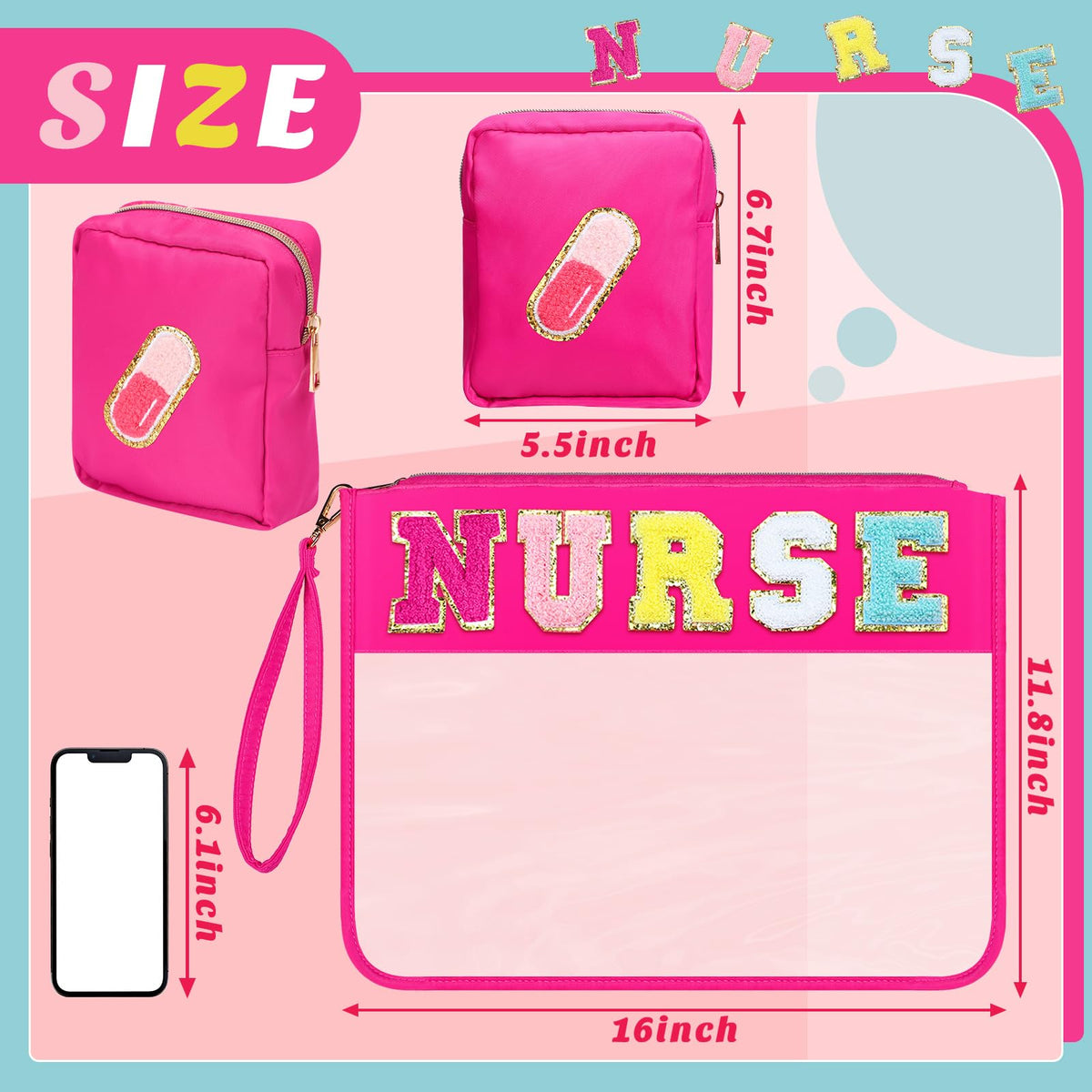 Hillban 2 Pcs Nurse Week Gift Makeup Cosmetic Bag Nurse Appreciation Gift for Women Clear Chenille Letter Bag Toiletry Zipper Pouch Waterproof Travel Purse Survival Kit Medical Accessories