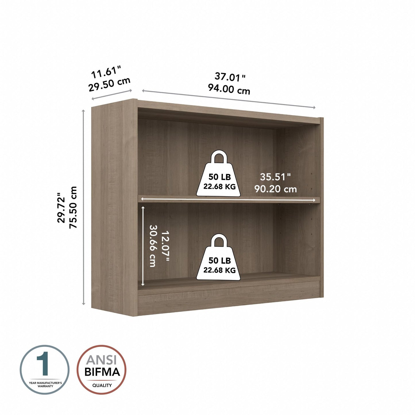 Bush Home Small 2 Shelf Bookcase, 2 Tier Bookshelf Storage Cabinet with Adjustable Shelf for Living Room, Bedroom or Home Office, Universal Collection, Ash Gray