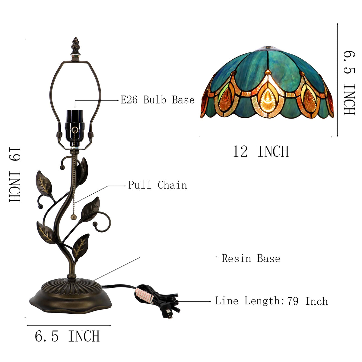 HWDFEI Tiffany Table Lamp, Stained Glass Style Desk Lamp, 12X12X19 Inch,Bedside Reading Light, Metal Leaf Base（Peacock Crystal Style