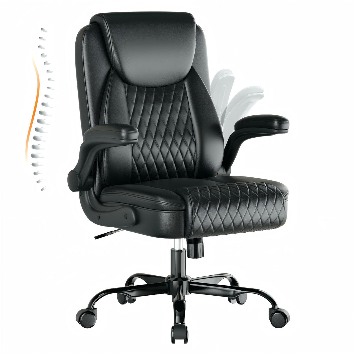 GTPLAYER Leather Office Chair, Home Desk Chair with Flip-up Arms and Ergonomic Back - Comfy Heavy Duty Executive Chair for Home Office Gaming, Charcoal Black