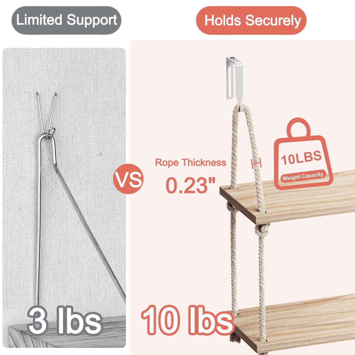 2 Pack Fabric Wall Cubicle Shelf, 11.8" Wooden Hanging Cubicle Shelf Organizer with Hooks, Dual Mounting Options, Cotton Rope Storage Shelf, No-Drill Boho Style for Office Cubicles & Desk Decor
