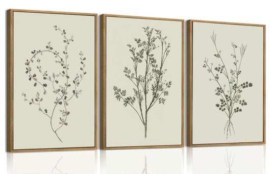 ZKFGPP 3 Piece Framed Wall Art Vintage Wall Decor Botanical Canvas Art Florals Pictures Wildflower Paintings Minimalist Prints Neutral Artwork For Living Room Bedroom Office 12x16in