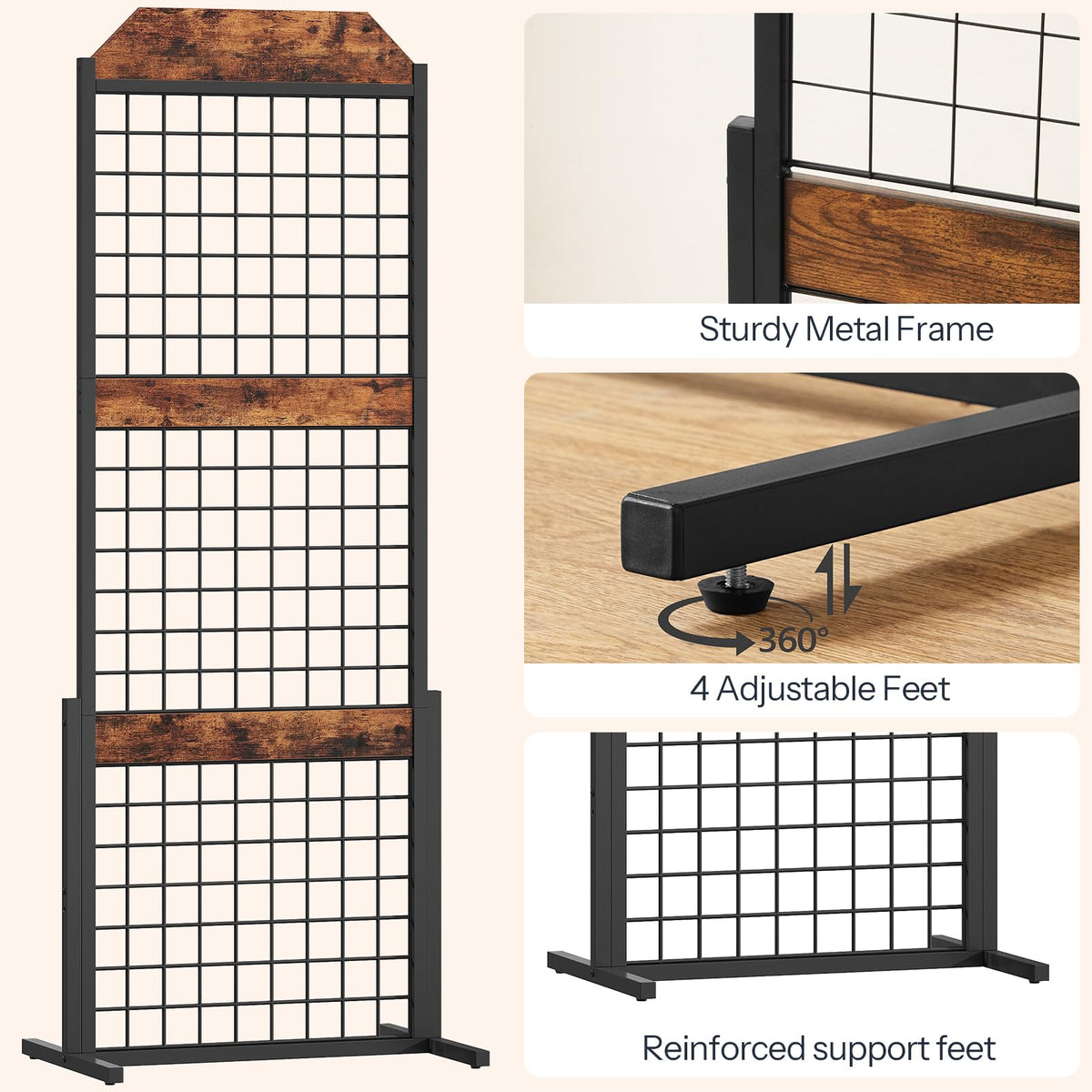 HOOBRO Gridwall Panel units 5.6' x 1.7' Ft Grid Display Rack, Gridwall Panel Display Stands with 5 Garment Hooks & 5 S-Hooks, Wire Grid Display Rack, for Retail Show, Rustic Brown and Black BF45DC01