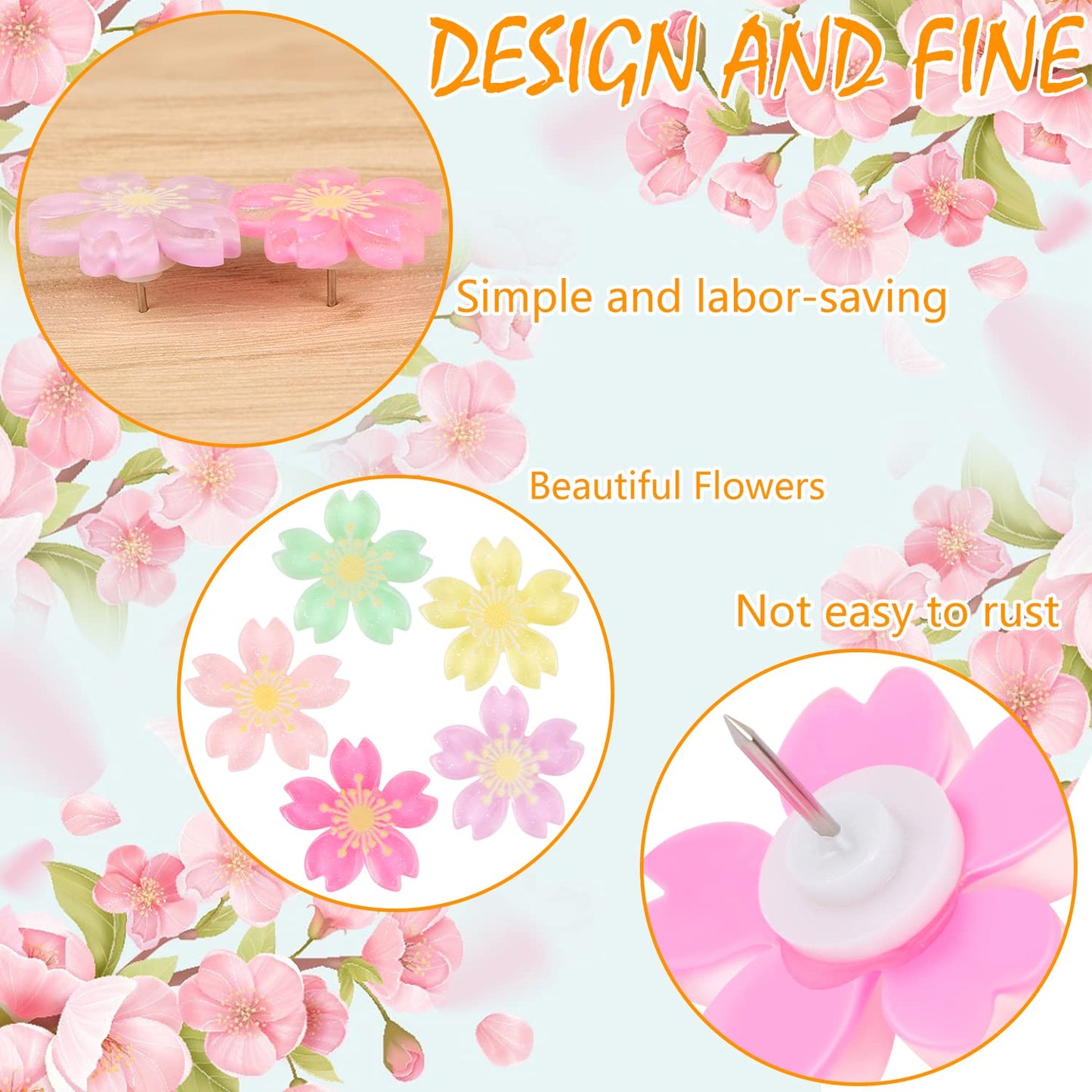 MIKIMIQI 30 Pcs Flowers Push Pins, Resin Cherry Blossom Push Pins Decorative Floral Thumb Tacks Cork Board Thumbtacks for Bulletin Board Photos Wall Pins Office Supplies