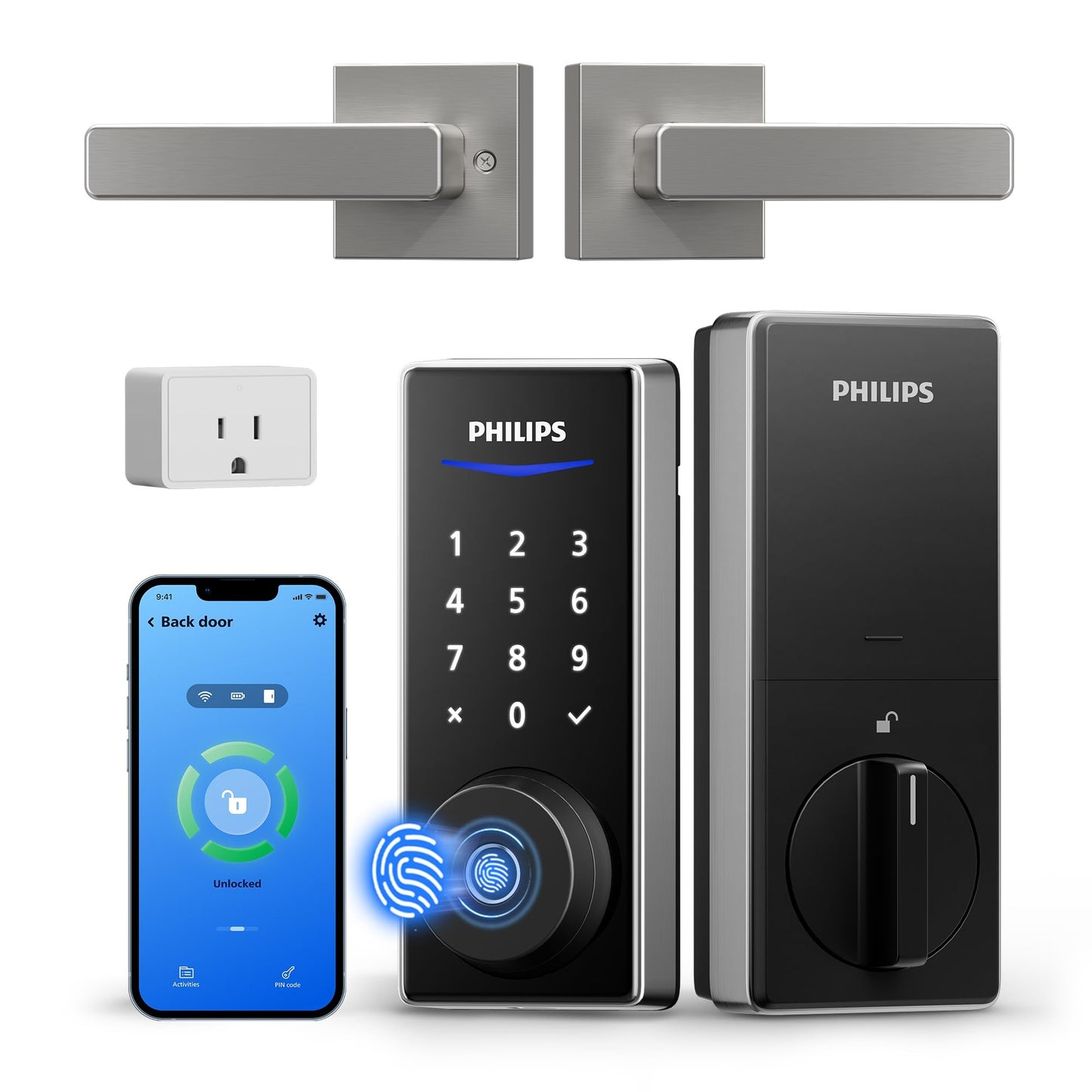 Philips WiFi Smart Lock with Handle, Fingerprint Keyless Entry Door Lock with WiFi Bridge, Smart Locks for Front Door with Handle Set, APP Remote Control, Work with Alexa&Google Assistant, Auto-Lock