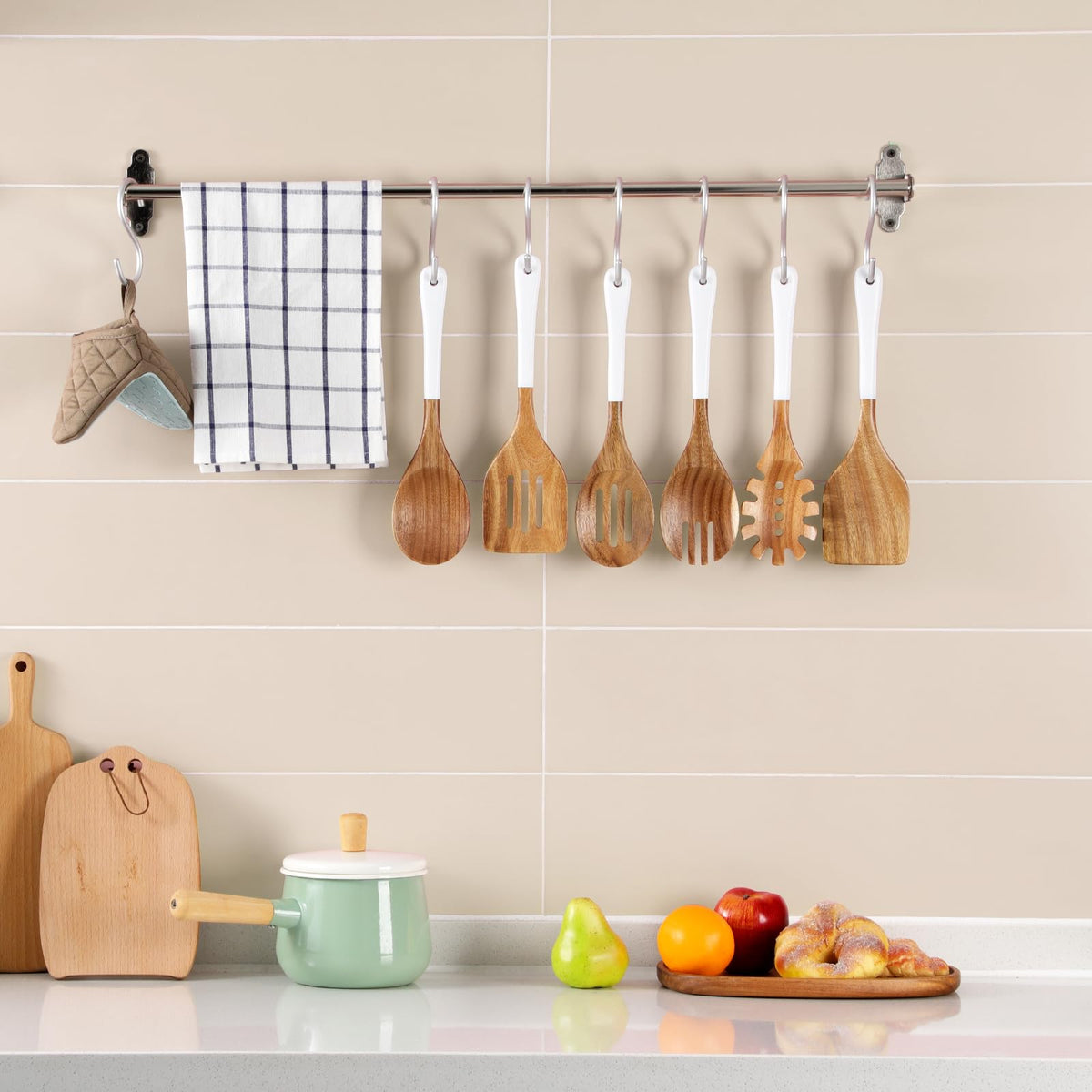 ROSOS Wooden Spoons For Cooking, 6 Pieces Natural Acacia Wooden Cooking Utensils or Non-Stick Wood Kitchen Utensil Set for Kitchen Essentials, Wooden Cooking Utensils Set with Hanging Hole, White
